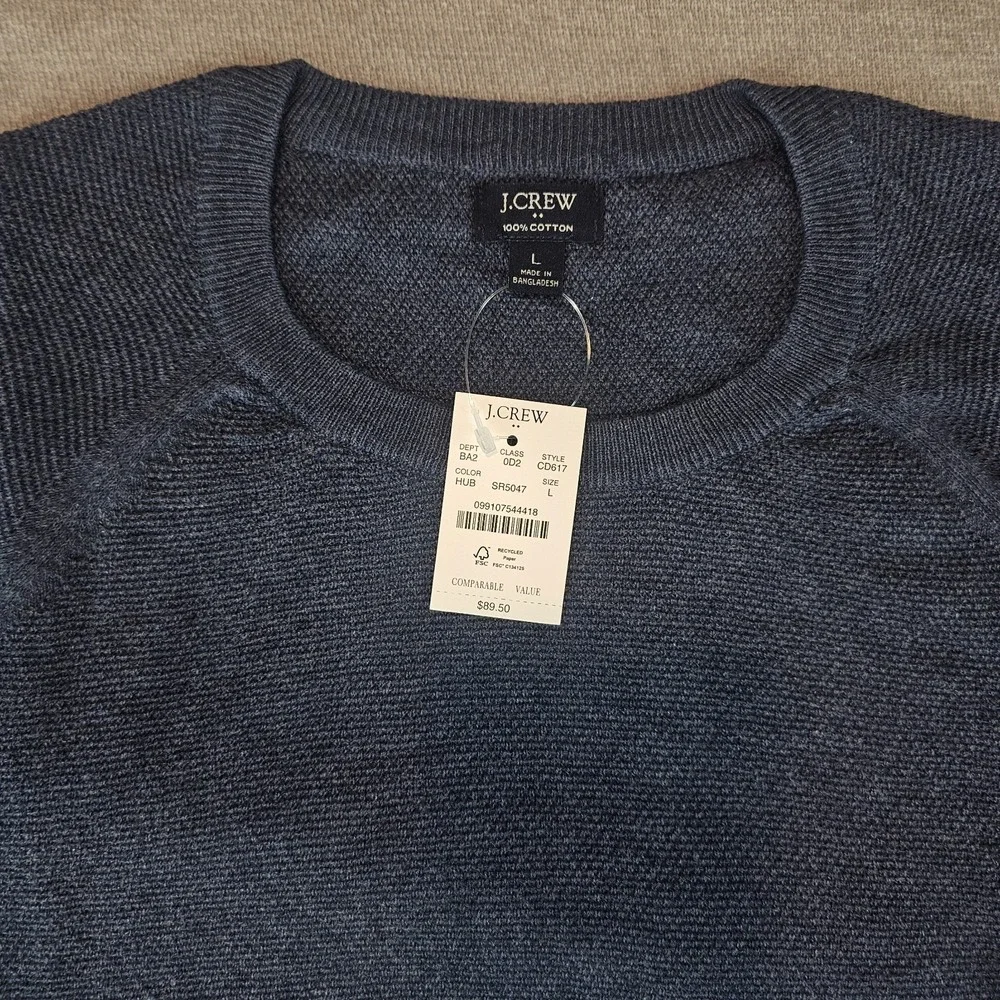 J.Crew Crewneck Sweater Men's Large Blue 100% Cotton Textured Raglan L CD617